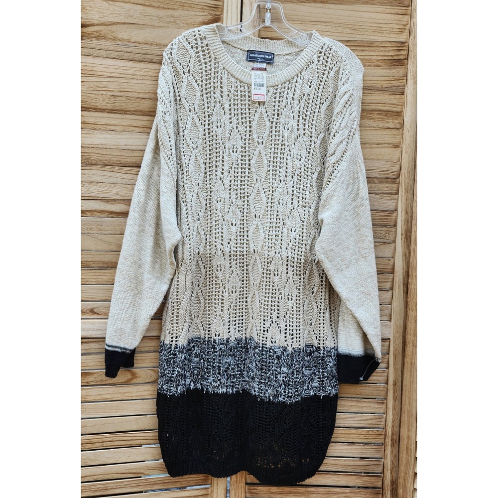 Vintage NWT McNaughton Sz 1X Beige Black Cotton Linen Sweater Dress Timeless